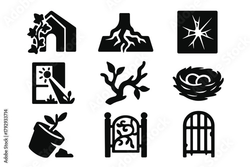 Nature Reclaims Greenhouse. Solid style icons of Nature Reclaiming Greenhouse: Wild Ivy, Root Through Floor, Cracked Glass,