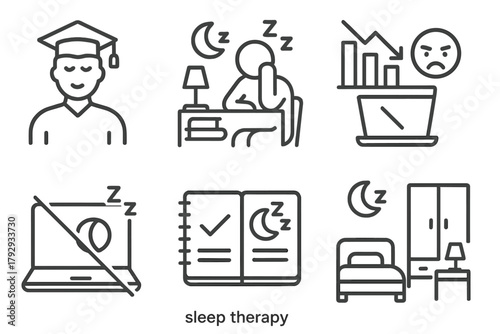Sleep Therapy Icons. Line style icons of sleep therapy: student sleep support, study-late icon, exam stress chart, digital screen