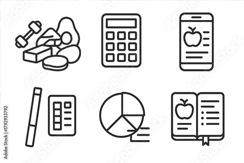 Keto Line Icons. Line style icons of ketogenic diet: keto lifestyle tools, keto calculator icon, nutrition app screen, ketone