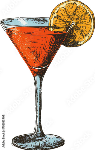 Elegant stemmed glass with vibrant red cocktail and citrus slice