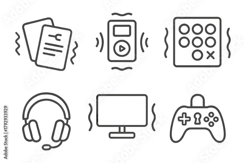 Zero-Gravity Entertainment Icons. Line style icons of Zero-Gravity Entertainment: magnetic cards, floating music player, velcro