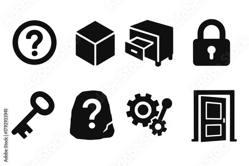 Enigmatic Challenge Icons. Solid style icons of Enigmatic Challenges: Symbol, Cube, Hidden Drawer, Lock, Key, Carving, Mechanism,