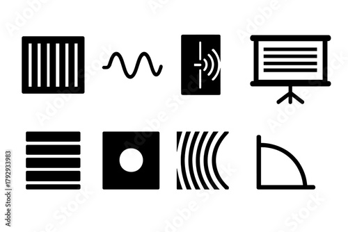 Diffraction Study Icons. Solid style icons of Diffraction Study: Grating Plate, Light Wave, Slit Pattern, Projection Screen, Color
