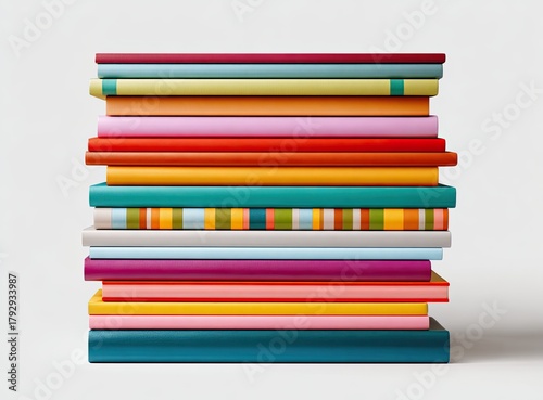 A stack of colorful books, various colors, with visible spines and clean white background