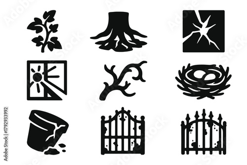 Nature Reclaims Greenhouse. Solid style icons of Nature Reclaiming Greenhouse: Wild Ivy, Root Through Floor, Cracked Glass,