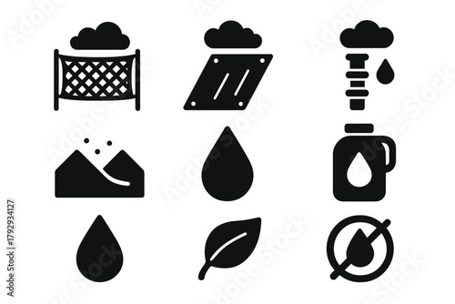 Fog Catcher Icons. Solid style icons of Innovative Fog Catchers: Steel Mesh, Transparent Panel, Tube Collector, Arid Valley, Water