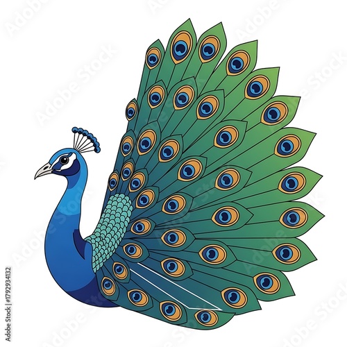Elegant Peacock with Spreading Feathers - A Vibrant Bird Illustration.