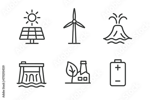 Renewable Energy Icons. Line style icons of renewable energy: solar panel, wind turbine, hydroelectric dam, biomass plant,