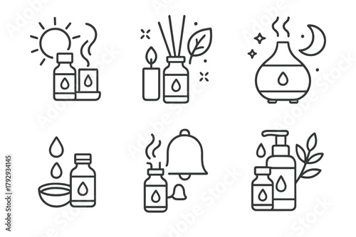 Aromatherapy Routine Icons. Line style icons of daily aromatherapy routine: morning boost, mid-day refresh, evening relax, deep