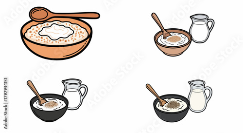 Porridge bowls with milk and spoons