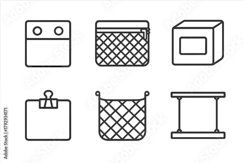 Zero-Gravity Storage Icons. Line style icons of Zero-Gravity Storage Systems: magnetic locker, zipped mesh pouch, labeled cube