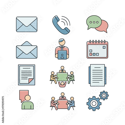 Business Communication and Meeting Icons Set