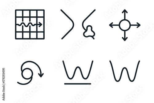 Particle Physics Icons. Line style icons of particle physics: Higgs field, symmetry breaking, scalar field icon, mass generation,