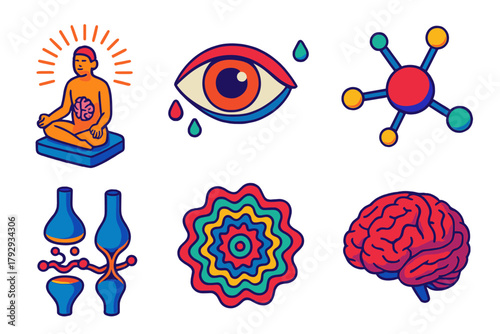 Psychedelic Neural Pathways. Isometric vector illustration set Psychedelic Research: Consciousness, Perception, Molecule, Neural