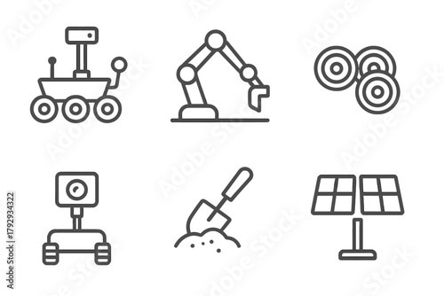 Space Exploration Icons. Line style icons of space exploration: Mars rover, robotic arm tool, planetary wheels, surface camera,
