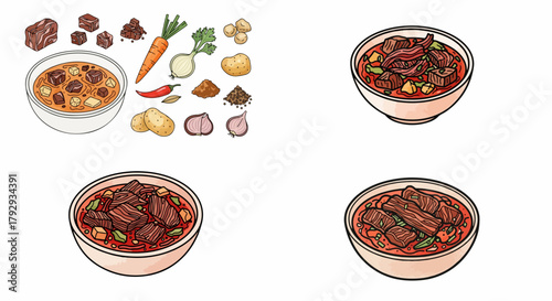 Soup and ingredients arrangement for culinary concept
