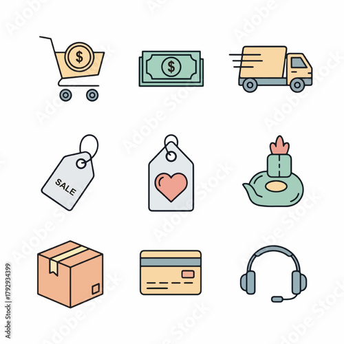 Flat E-commerce Set with Sale Tags and Delivery