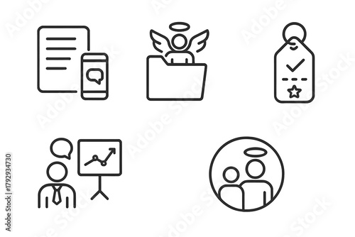 Angel-Startup Icons. Line style icons of Angel-Startup Relationship: Regular updates icon, advisory role file, milestone tracking