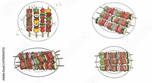 Skewered food on plates with colorful ingredients