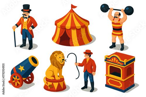 Vintage Circus Icons. Isometric vector illustration set Vintage Circus: Ringmaster, Big Top, Strongman, Lion Tamer, Cannonball,