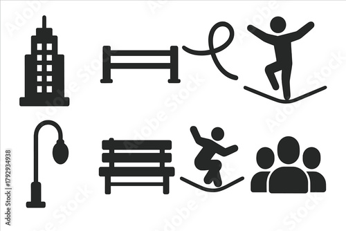 Urban Slacklining Icons. Solid style icons of Urban Slacklining: Skyscraper, Rail, Rope, Balance Pose, Streetlight, Park Bench,