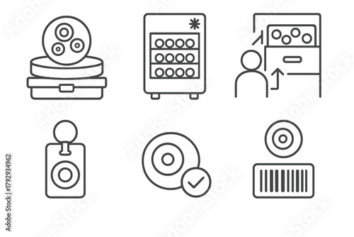 Stem Cell Icons. Line style icons of stem cell research: stem cell bank, bio storage unit, donor archive icon, registered sample