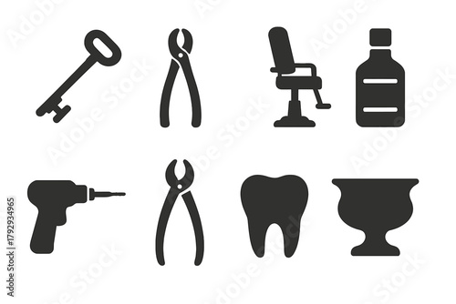 Vintage Dentistry Tools. Solid style icons of Vintage Dentistry: Tooth Key, Pliers, Chair, Novocaine Bottle, Drill, Forceps, Tooth