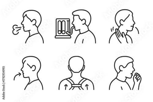 Respiratory Therapy Icons. Line style icons of respiratory physiotherapy: breathing exercise, incentive spirometer, chest clapping