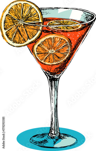 Elegant cocktail with orange slices in a martini glass on blue base