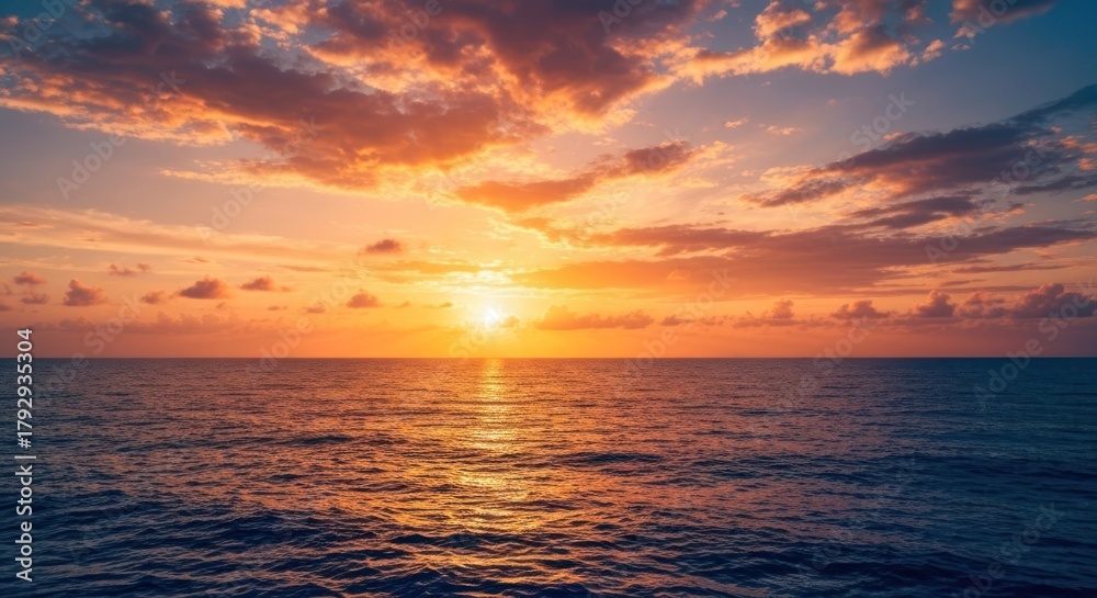 Fototapeta premium A vibrant sunset over a tranquil ocean. Golden hues paint the sky, clouds, and water. Sun near horizon