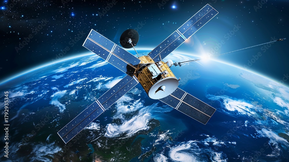 Fototapeta premium A detailed image of a satellite in orbit over Earth, with solar panels and antenna prominent