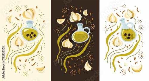 Garlic and olive oil composition with decorative elements
