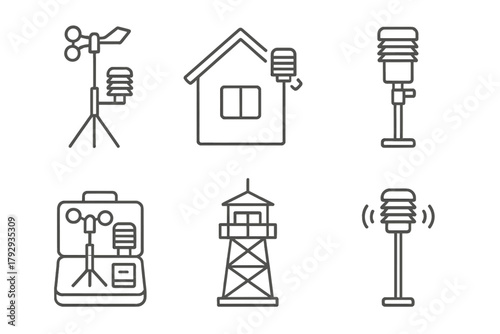 Meteorology Line Icons. Line style icons of meteorology: weather station, rooftop sensor, automated sensor unit, field meteorology