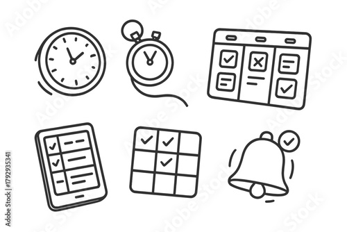 Zero-Gravity Time Tools. Line style icons of Time Management Tools in Zero-Gravity: floating wall clock, tethered timer, task