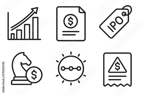 Angel Exit Icons. Line style icons of Angel Exit ROI Scenarios: Exit multiple chart, cash-on-cash return file, IPO gain tag,