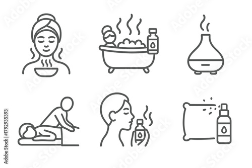 Aromatherapy Icons Collection. Line style icons of aromatherapy applications: facial steaming, hot bath with oils, diffuser