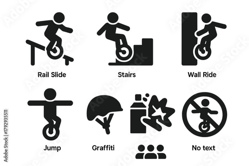 Street Unicycling Tricks. Solid style icons of Street Trick Unicycling: Rail Slide, Stairs, Wall Ride, Jump, Helmet, Graffiti,