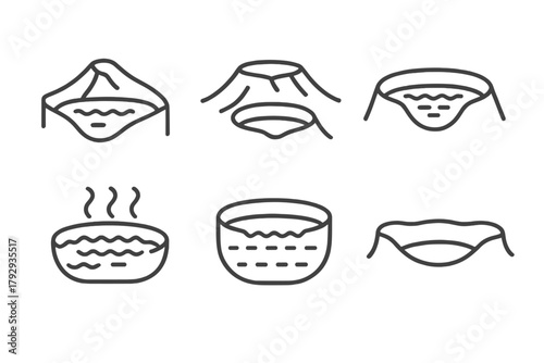 Volcanology Line Icons. Line style icons of volcanology: crater lake, summit crater, water-filled caldera, acidic lake, thermal