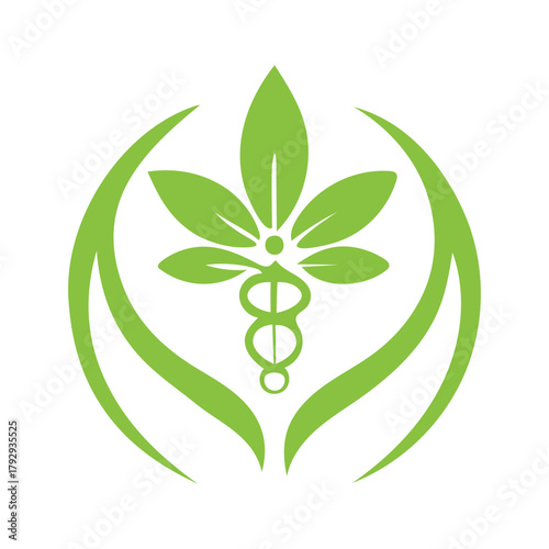 Green leaf combined with medical staff symbol, perfect for healthcare, medicine, & natural wellness.