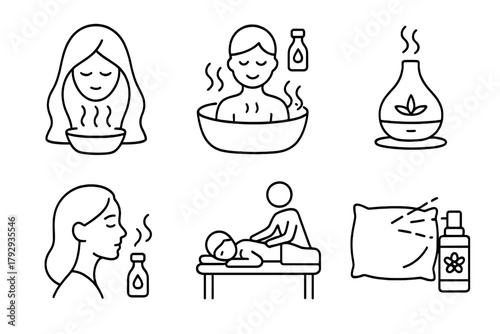 Aromatherapy Icons Collection. Line style icons of aromatherapy applications: facial steaming, hot bath with oils, diffuser
