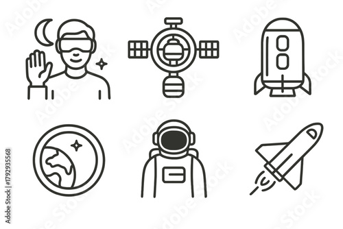 Space Icons Collection. Line style icons of space exploration: space tourism icon, orbital hotel, passenger capsule, Earth view