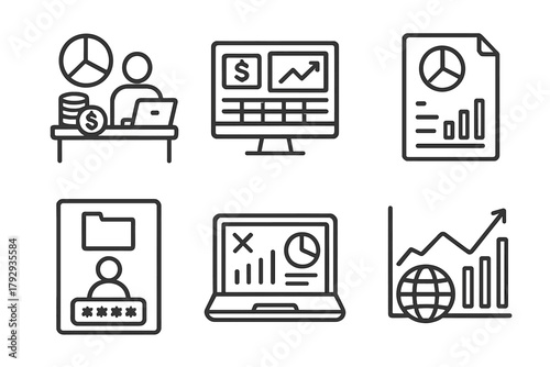 Private Equity Icons. Line style icons of private equity: investment analyst desk, financial modeling screen, research report icon