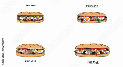 Fricassé sandwich food icons set