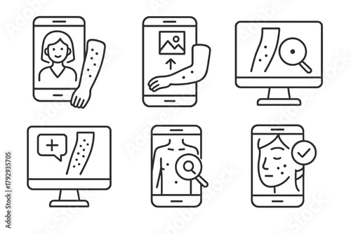 Telemedicine Dermatology Icons. Line style icons of telemedicine: dermatology online, skin condition photo upload, mole check