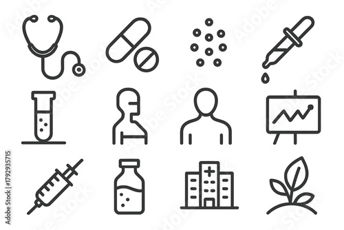Homeopathy vs Conventional Icons. Line style icons of homeopathy vs conventional: stethoscope vs dropper, pill vs pellet, lab test