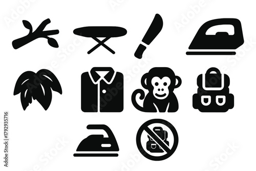 Jungle Ironing Icons. Solid style icons of Jungle Ironing: Tree Branch, Ironing Board, Machete, Iron, Canopy Leaves, Folded Shirt,