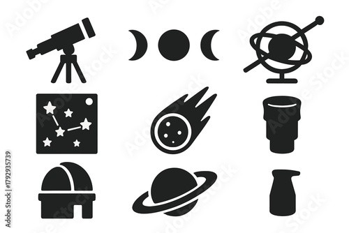 Vintage Astronomy Icons. Solid style icons of Vintage Astronomy: Telescope, Moon Phases, Planet Model, Star Chart, Meteor,