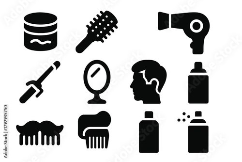 Retro Hair Styling Icons. Solid style icons of Retro Hair Styling: Pomade Jar, Round Brush, Hair Dryer, Curling Iron, Mirror, Side