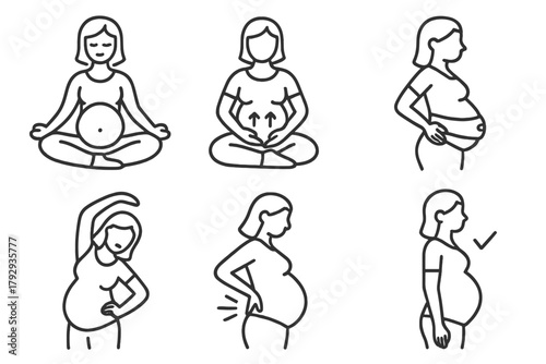 Pregnancy Physiotherapy Icons. Line style icons of physiotherapy for pregnancy: prenatal yoga, pelvic floor training, belly