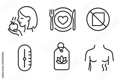 Holistic Healing Icons. Line style icons of holistic healing: intuitive eating, plate with heart icon, no-diet symbol,